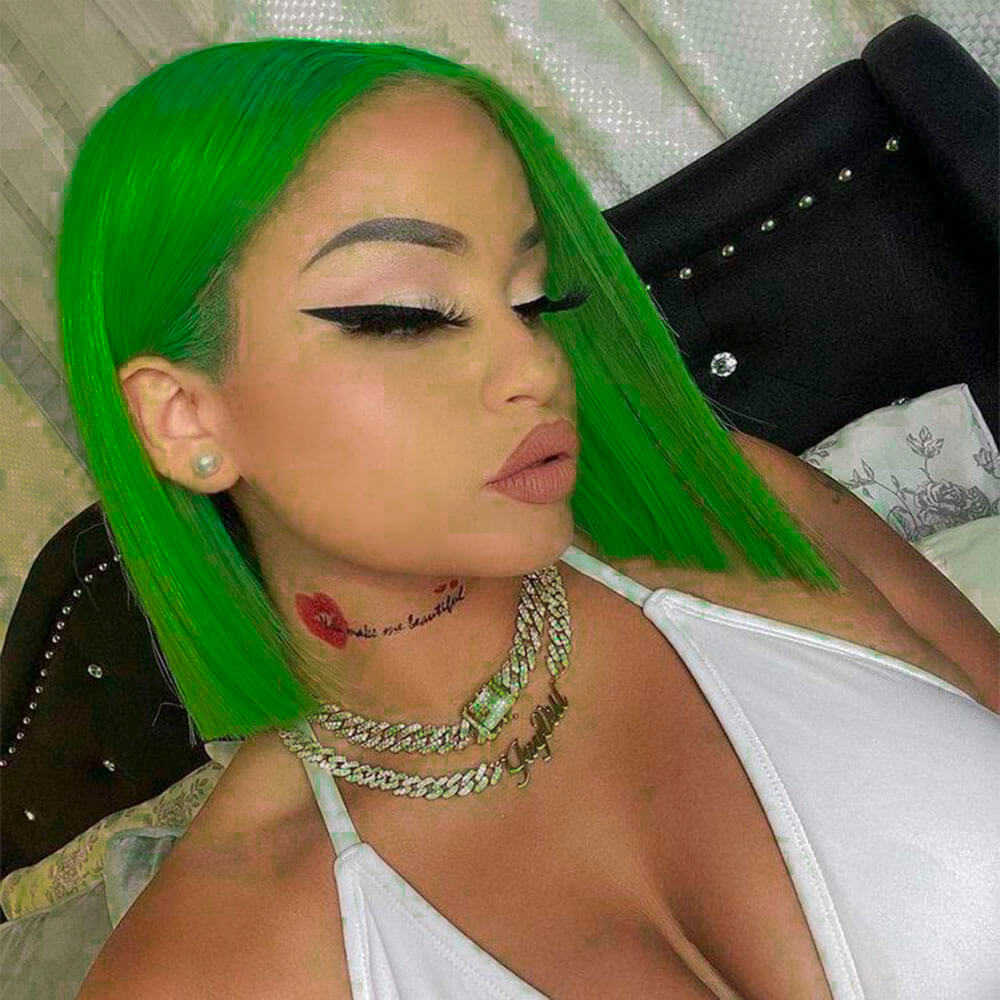 Green Hair Bob Wigs Short Straight Remy Human Hair Lace Wig SISDORE