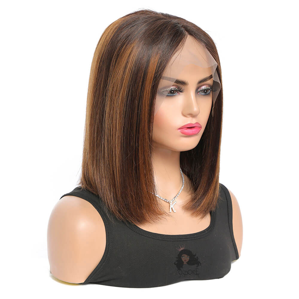 Brown auburn highlight bob wig, lace front human hair