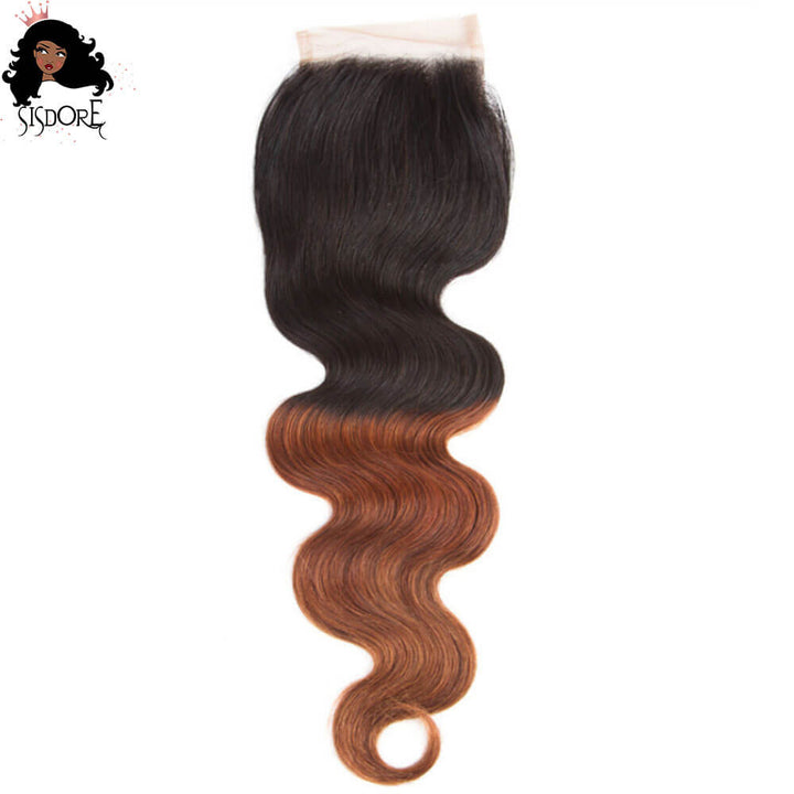 1B 33 Body Wave auburn hair with black roots two tone ombre lace closure 4*4