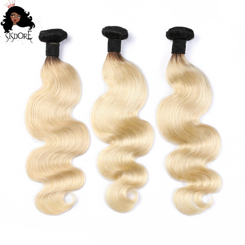 Blonde Body Wave Human Hair Weaves 3 Bundles With Black Roots 1B/613 