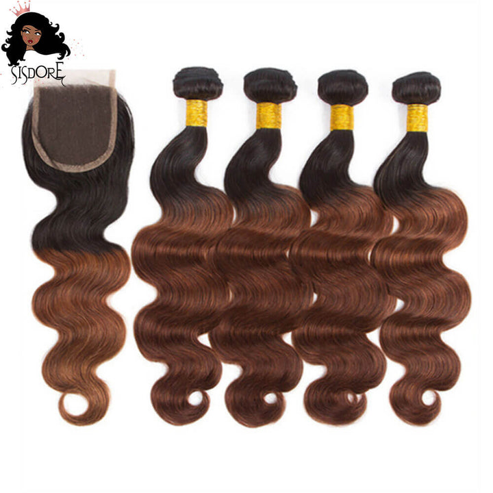 Dark Auburn Body Wave Hair 4 Bundles With Closure 1B 33 Ombre Hair With Black Roots