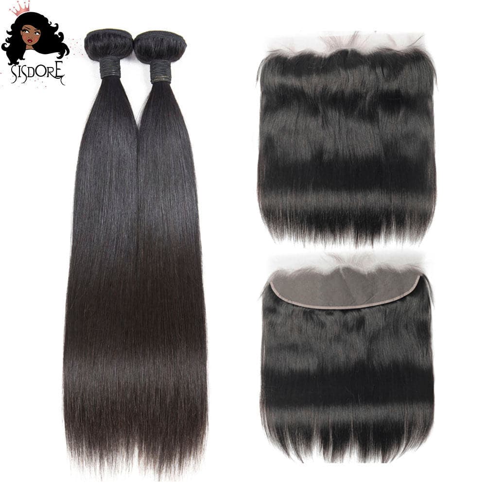 Black straight virgin hair bundles with 13x4 lace frontal